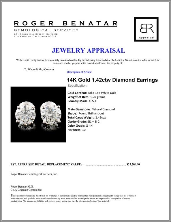 14K Gold 1.42ctw Diamond Earrings