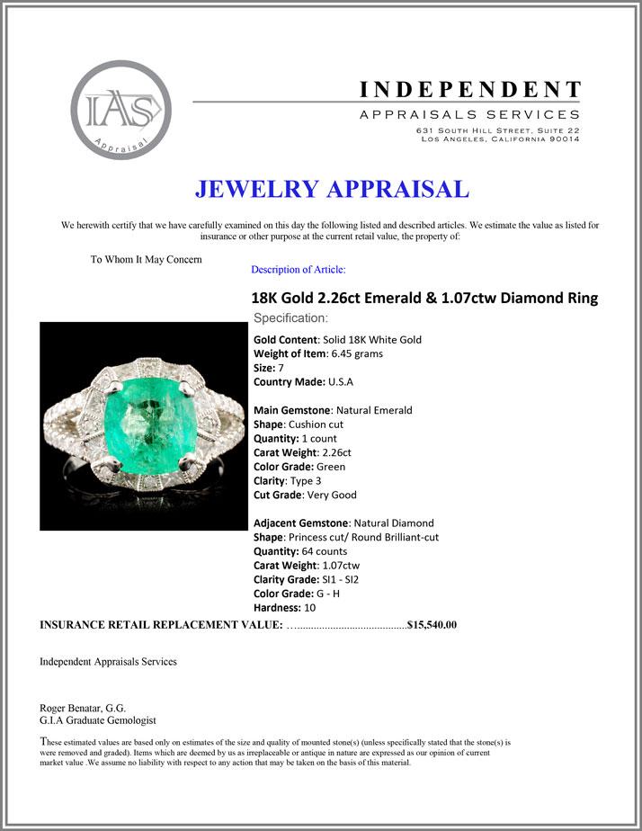 18K Gold 2.26ct Emerald & 1.07ctw Diamond Ring