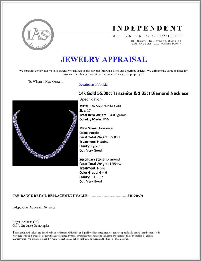 14k Gold 55.00ct Tanzanite & 1.35ct Diamond Neckl