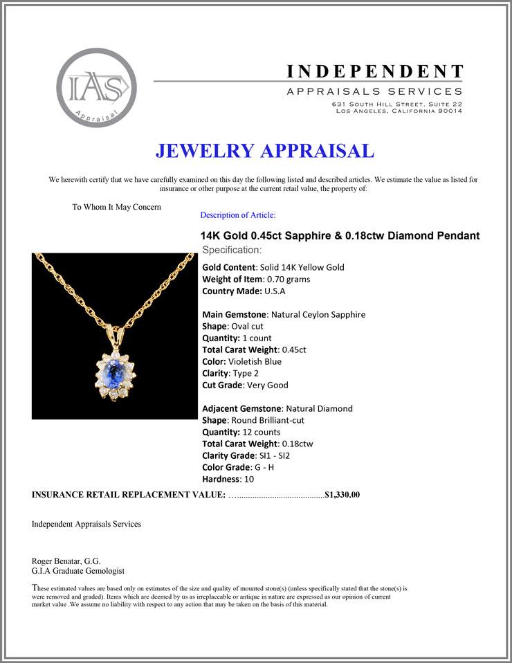 14K Gold 0.45ct Sapphire & 0.18ctw Diamond Pendant