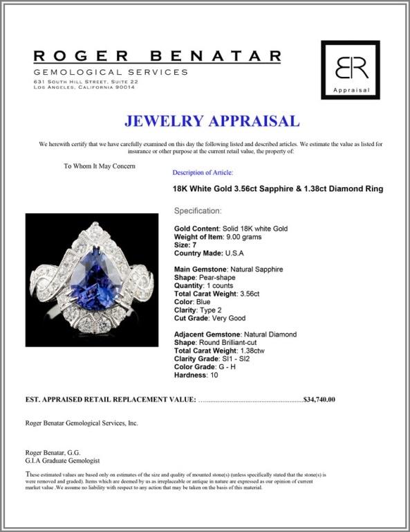 18K Gold 3.56ct Sapphire & 1.38ct Diamond Ring