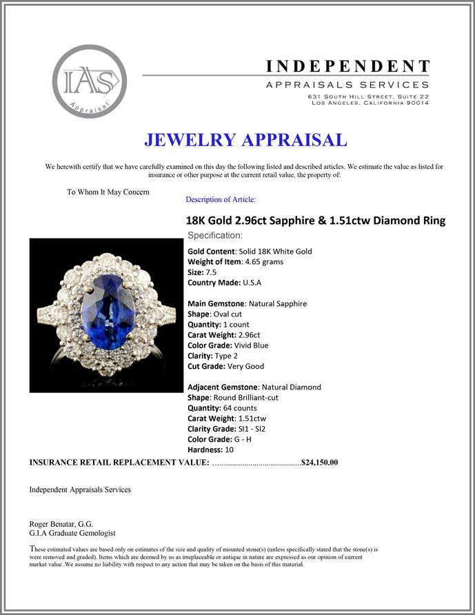 18K Gold 2.96ct Sapphire & 1.51ctw Diamond Ring