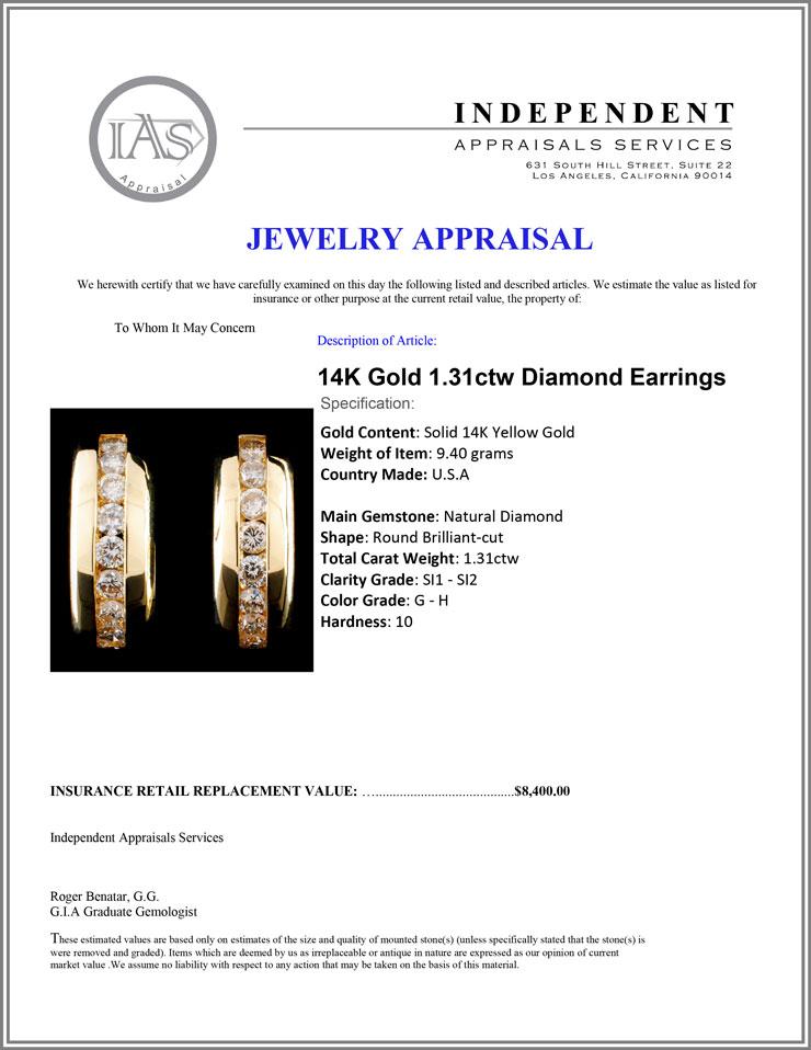 14K Gold 1.31ctw Diamond Earrings