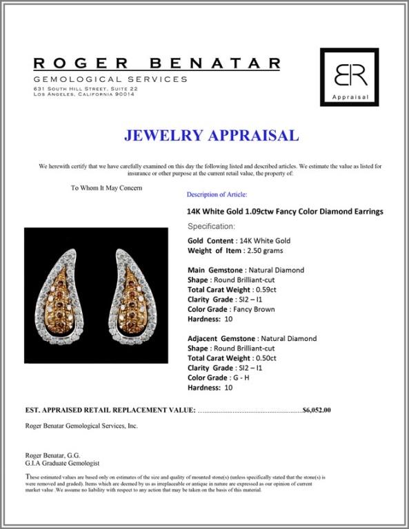 14K White Gold 1.09ctw Fancy Color Diamond Earring