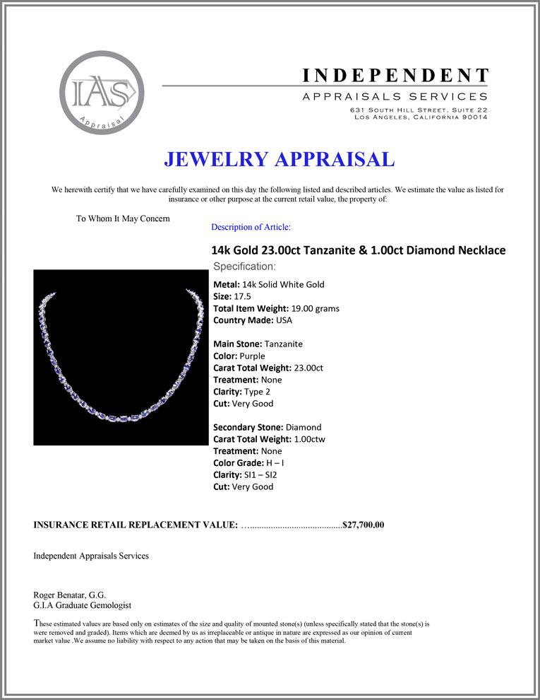 14k Gold 23.00ct Tanzanite & 1.00ct Diamond Neckl