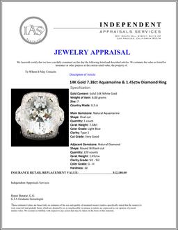 14K Gold 7.38ct Aquamarine & 1.45ctw Diamond Ring
