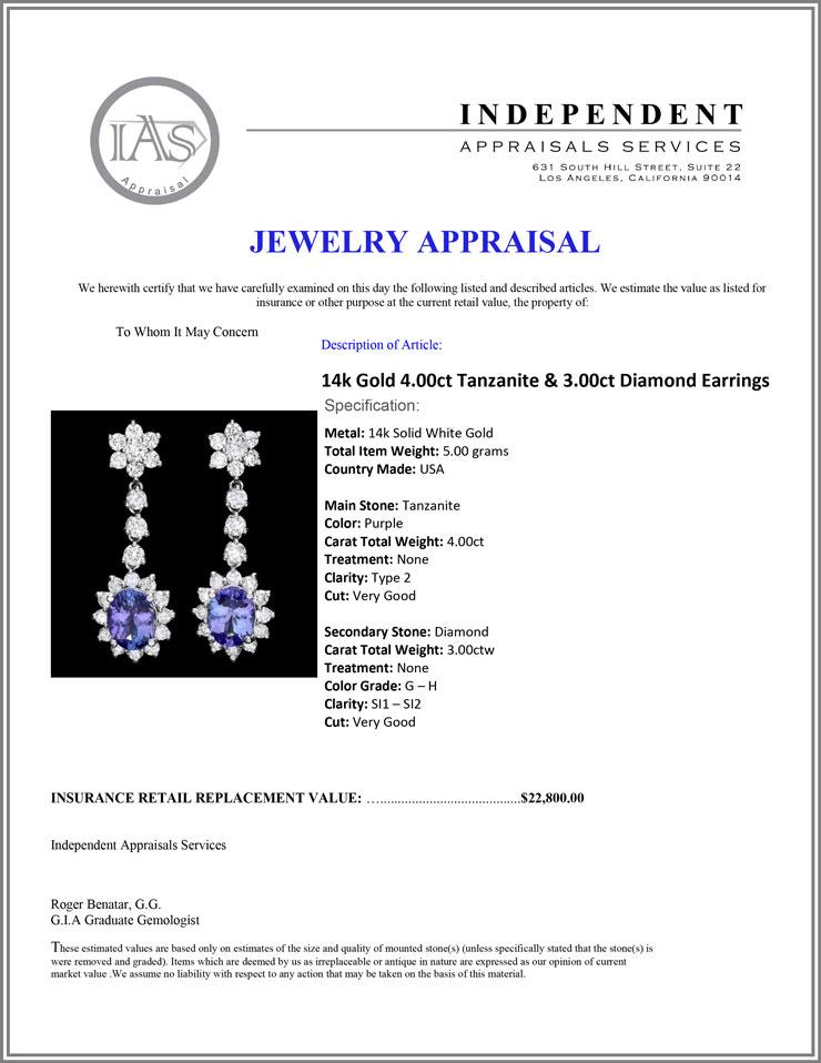 14k Gold 4.00ct Tanzanite & 3.00ct Diamond Earrin