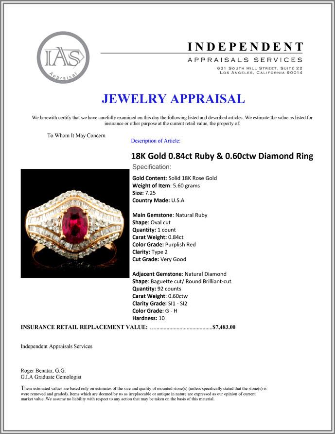 18K Gold 0.84ct Ruby & 0.60ctw Diamond Ring