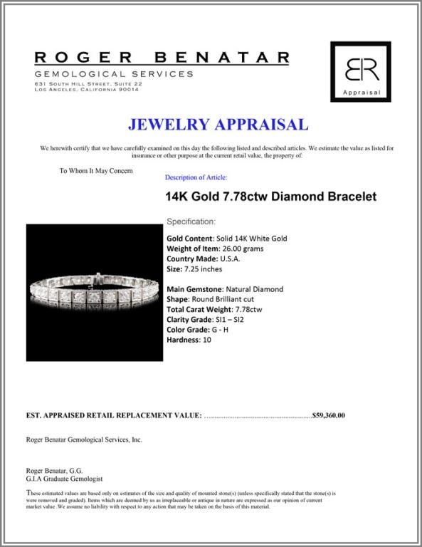 14K Gold 7.78ctw Diamond Bracelet