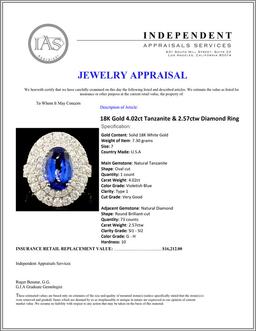 18K Gold 4.02ct Tanzanite & 2.57ctw Diamond Ring