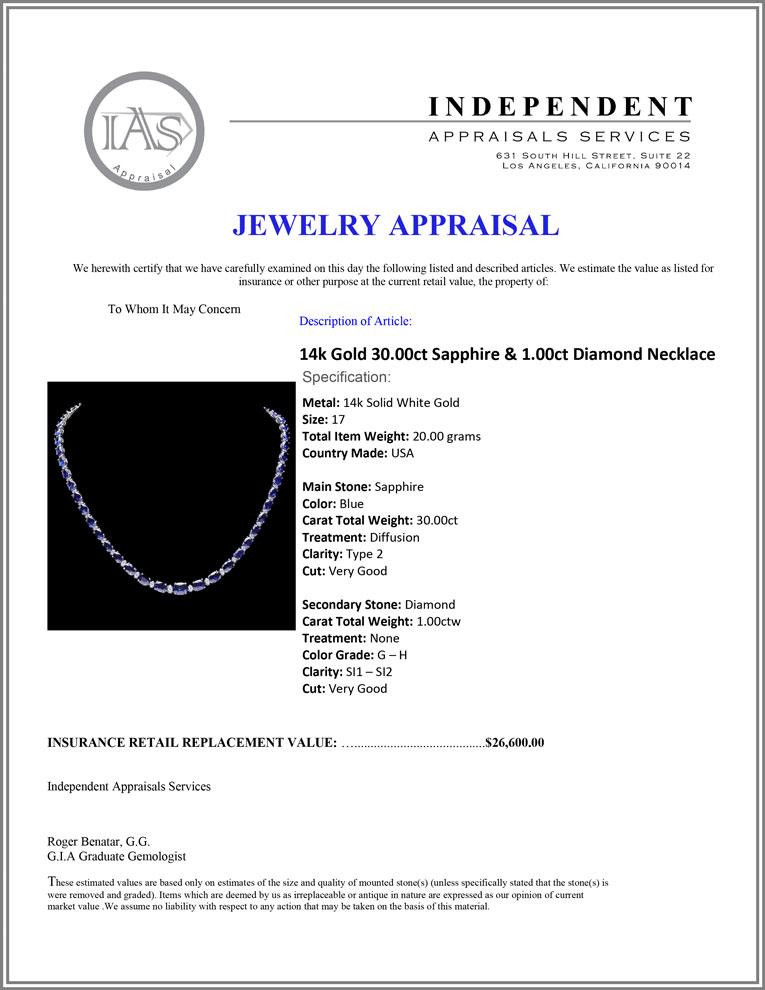 14k Gold 30.00ct Sapphire & 1.00ct Diamond Neckla