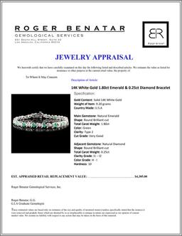 14K White Gold 1.80ct Emerald & 0.25ct Diamond Bra