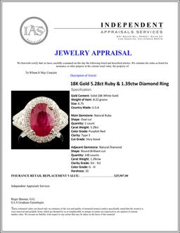 18K Gold 5.28ct Ruby & 1.39ctw Diamond Ring