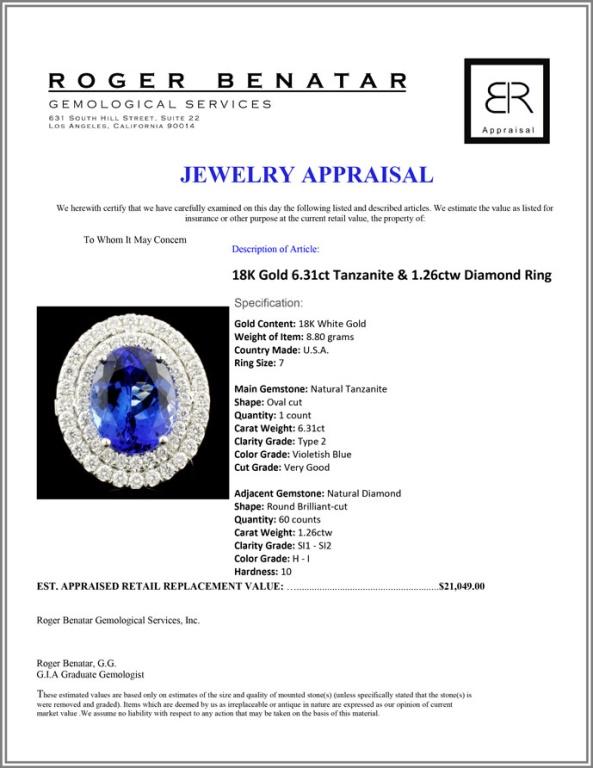 18K Gold 6.31ct Tanzanite & 1.26ctw Diamond Ring