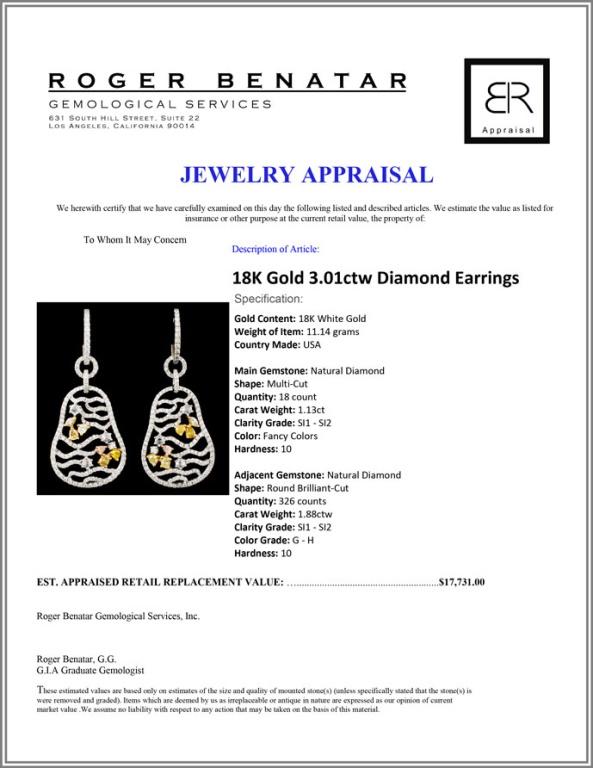 18K Gold 3.01ctw Diamond Earrings