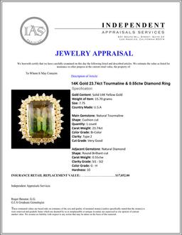 14K Gold 23.74ct Tourmaline & 0.55ctw Diamond Ring