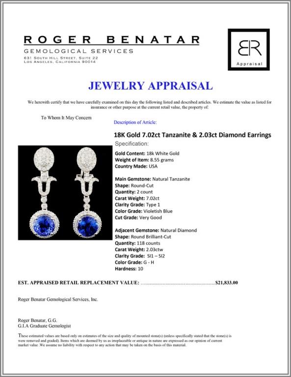18K Gold 7.02ct Tanzanite & 2.03ctw Diamond Earrin