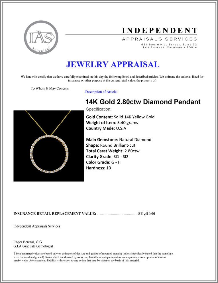 14K Gold 2.80ctw Diamond Pendant