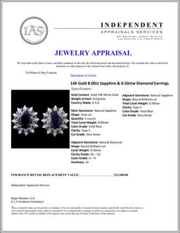 14K Gold 8.00ct Sapphire & 0.50ctw Diamond Earring