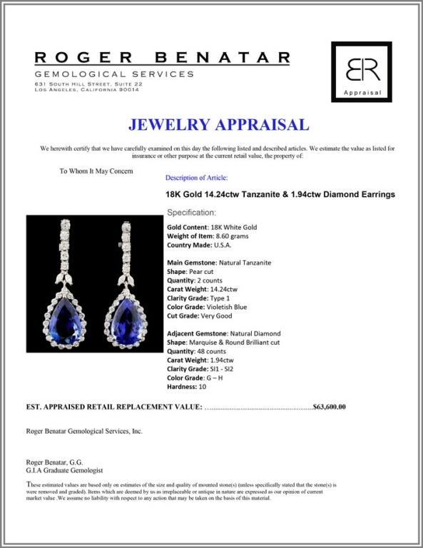 18K Gold 14.24ctw Tanzanite & 1.94ctw Diamond Earr