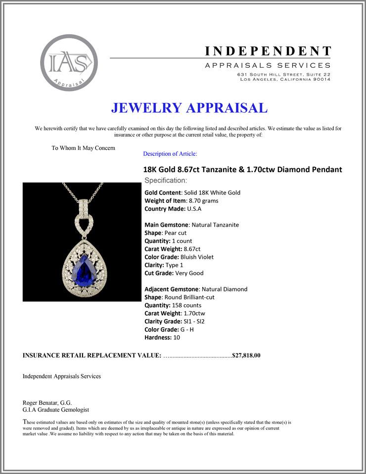 18K Gold 8.67ct Tanzanite & 1.70ctw Diamond Pendan