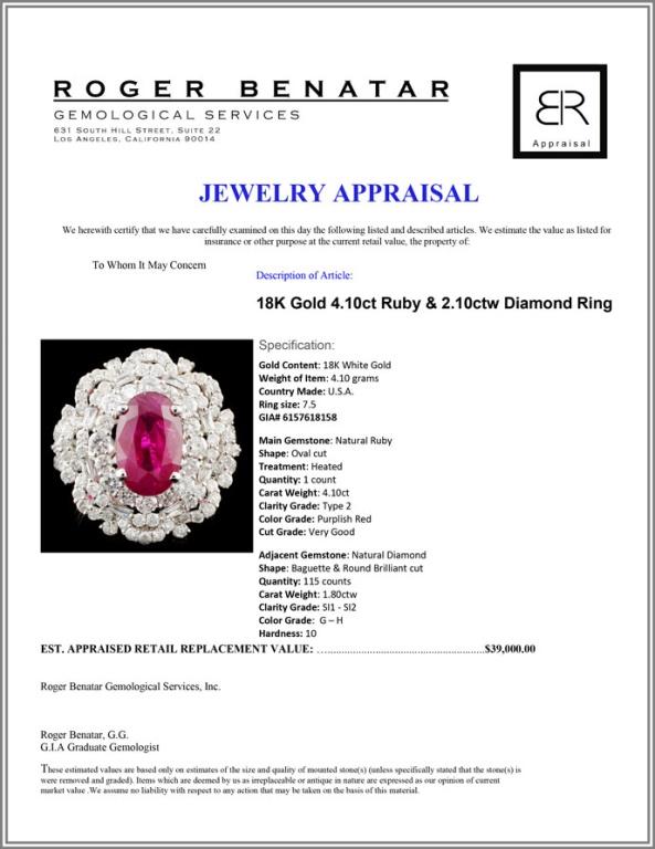 18K Gold 4.10ct Ruby & 2.10ctw Diamond Ring