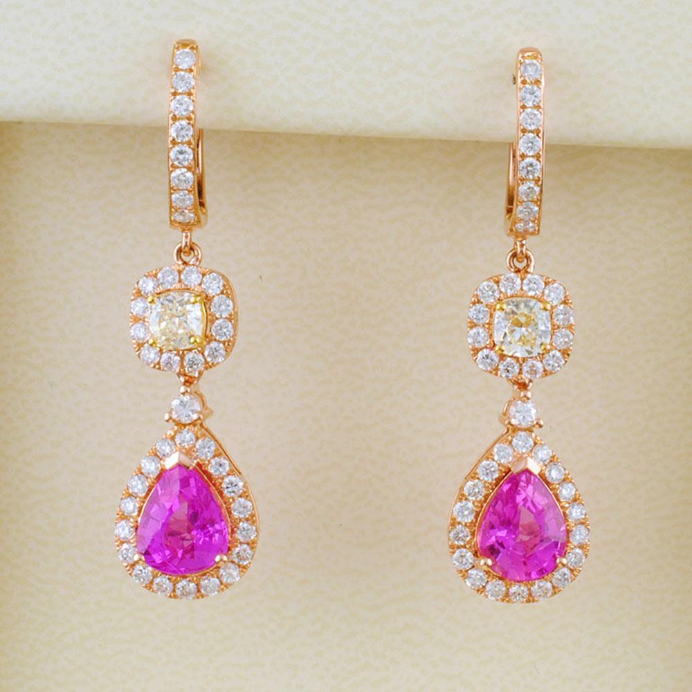 18k Gold 4.14ct Pink Sapphire & 2.39ct Fancy Diamo