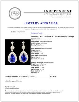 18K Gold 7.97ct Tanzanite & 2.27ct Diamond Earring