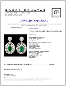 14K Gold 1.39ct Emerald & 1.52ctw Diamond Earrings