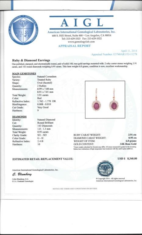 14K Rose Gold 3.91ct Ruby & 0.95ct Diamond Earring
