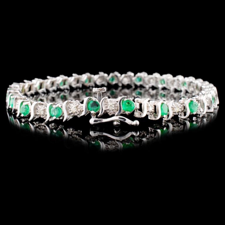 14K White Gold 1.80ct Emerald & 0.25ct Diamond Bra