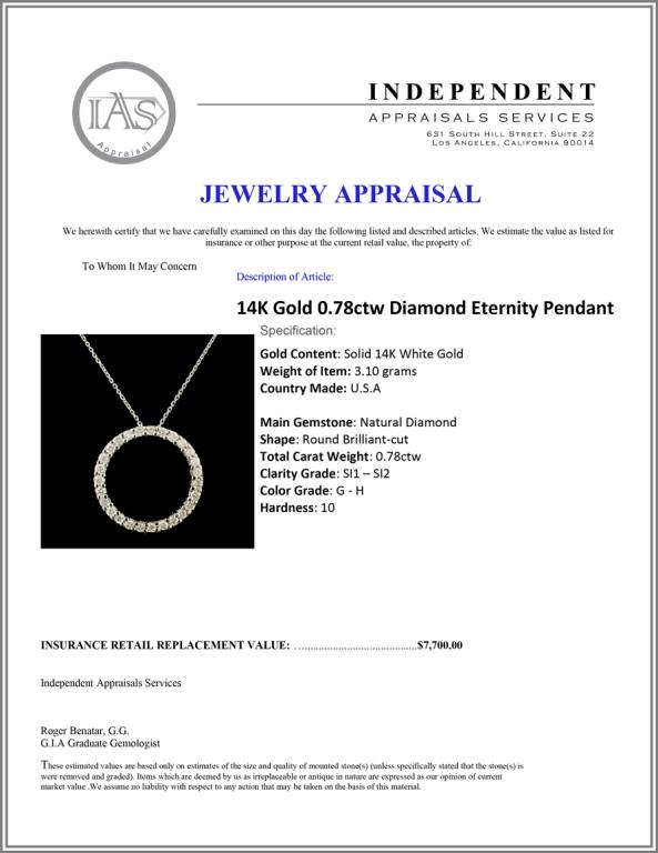 14K Gold 0.78ctw Diamond Eternity Pendant