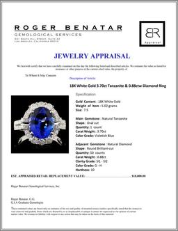 18K W Gold 3.70ct Tanzanite & 0.88ctw Diamond Ring