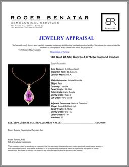 14K Gold 28.58ct Kunzite & 0.78ctw Diamond Pendant