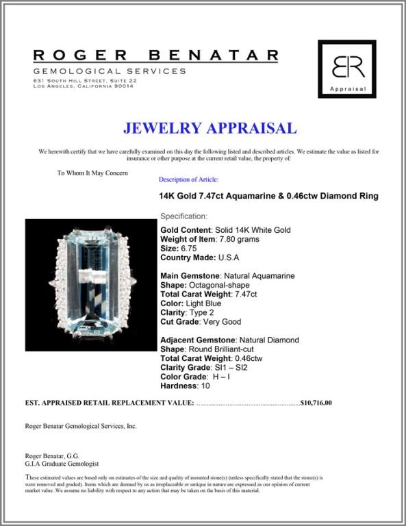 14K Gold 7.47ct Aquamarine & 0.46ctw Diamond Ring