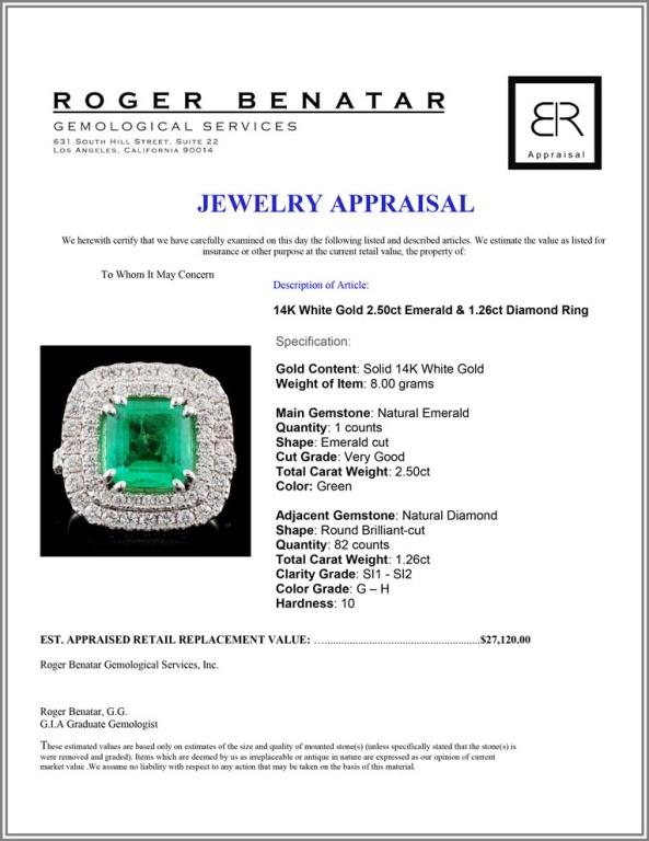 14K White Gold 2.50ct Emerald & 1.26ct Diamond Rin