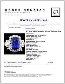 18K Gold  5.60ct Tanzanite & 1.44ct Diamond Ring