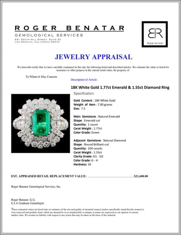 18K White Gold 1.77ct Emerald & 1.55ct Diamond Rin