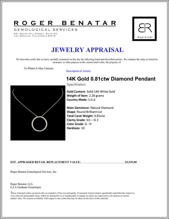 14K Gold 0.81ctw Diamond Pendant