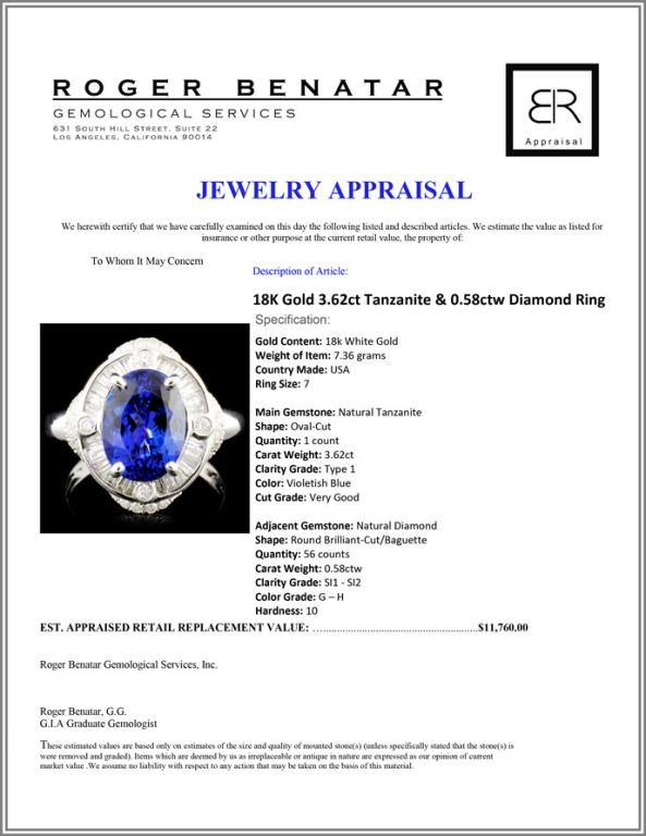18K Gold 3.62ct Tanzanite & 0.58ctw Diamond Ring
