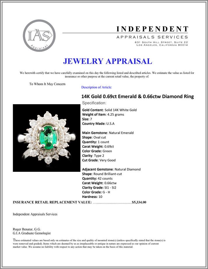 14K Gold 0.69ct Emerald & 0.66ctw Diamond Ring