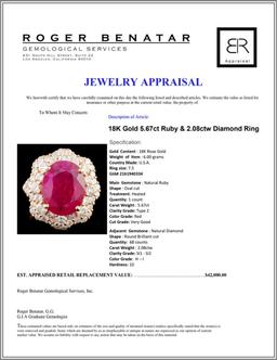 18K Gold 5.67ct Ruby & 2.08ctw Diamond Ring