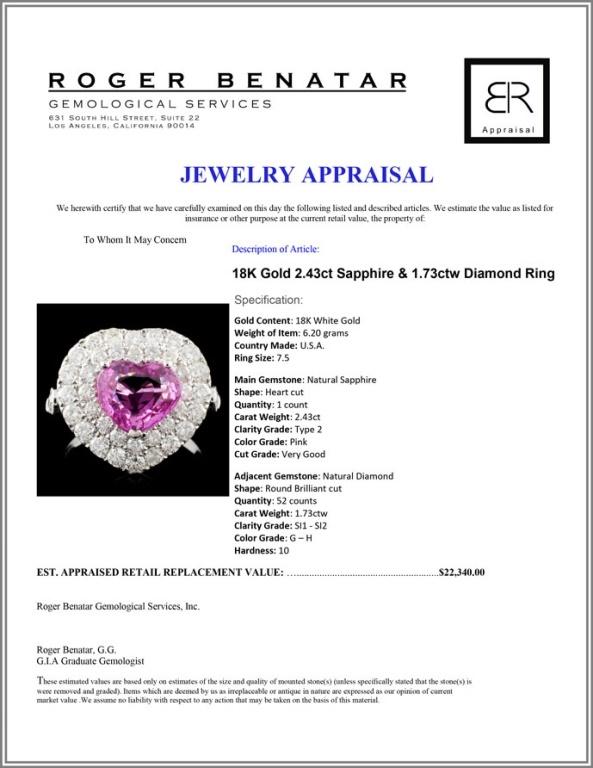 18K Gold 2.43ct Sapphire & 1.73ctw Diamond Ring