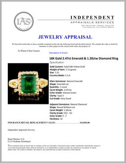 18K Gold 2.47ct Emerald & 1.20ctw Diamond Ring
