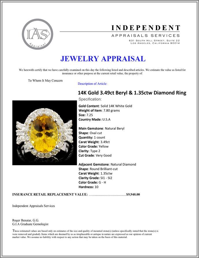 14K Gold 3.49ct Beryl & 1.35ctw Diamond Ring