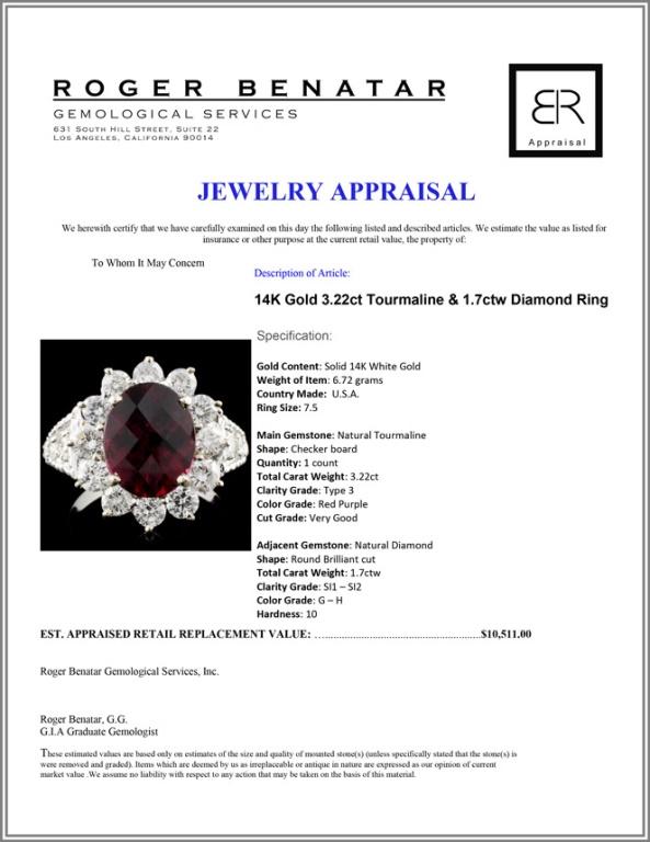 14K Gold 3.22ct Tourmaline & 1.7ctw Diamond Ring