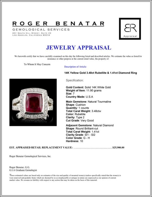 14K Yellow Gold 3.48ct Rubellite & 1.41ct Diamond