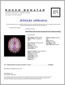 18K Gold 10.25ct Kunzite & 0.72ct Diamond Ring
