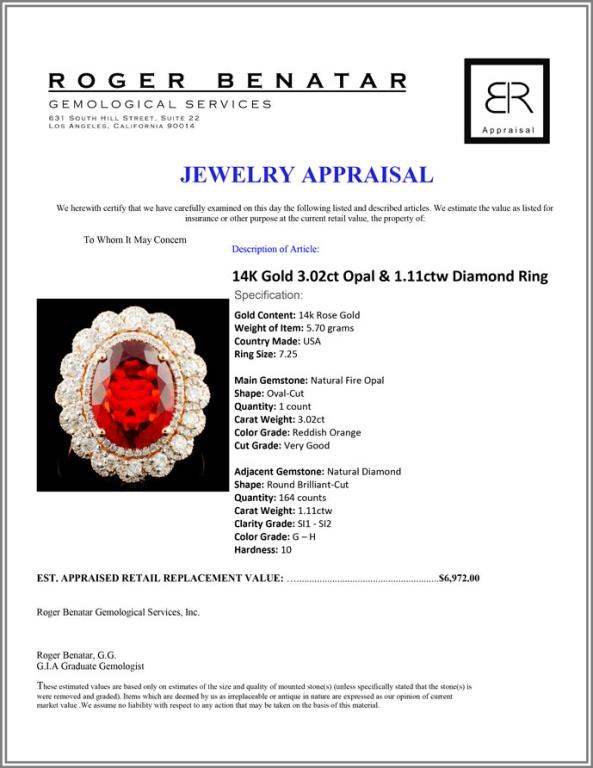 14K Gold 3.02ct Opal & 1.11ctw Diamond Ring