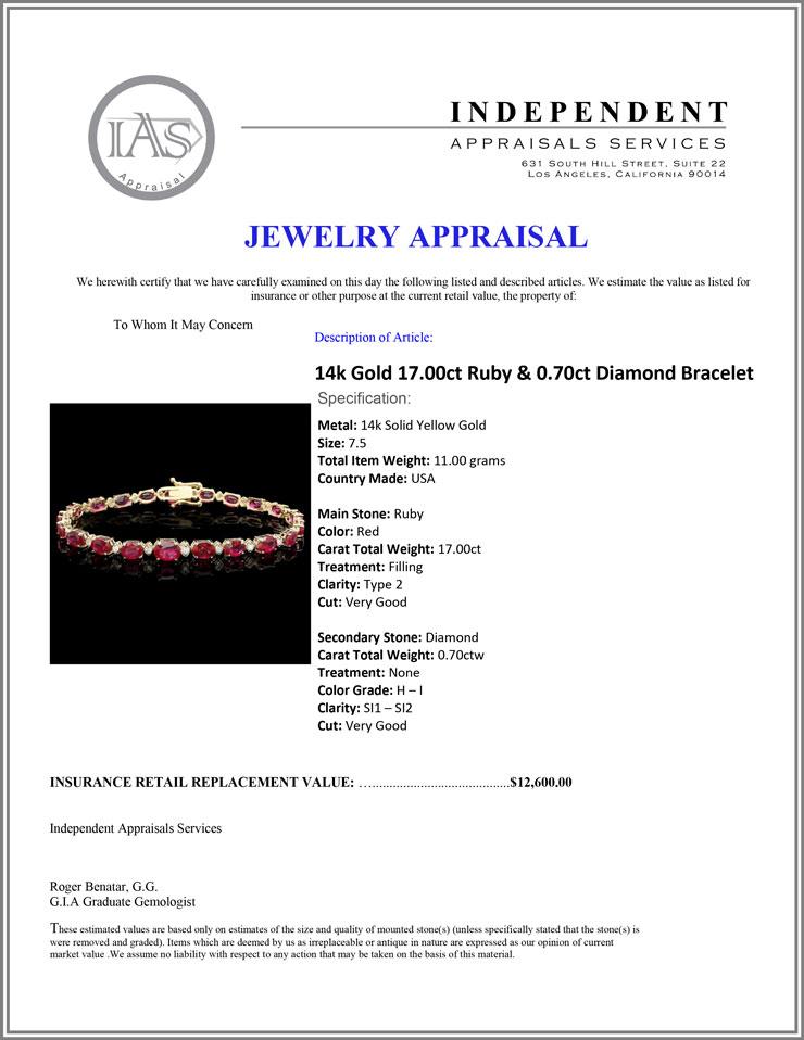 14k Gold 17.00ct Ruby & 0.70ct Diamond Bracelet